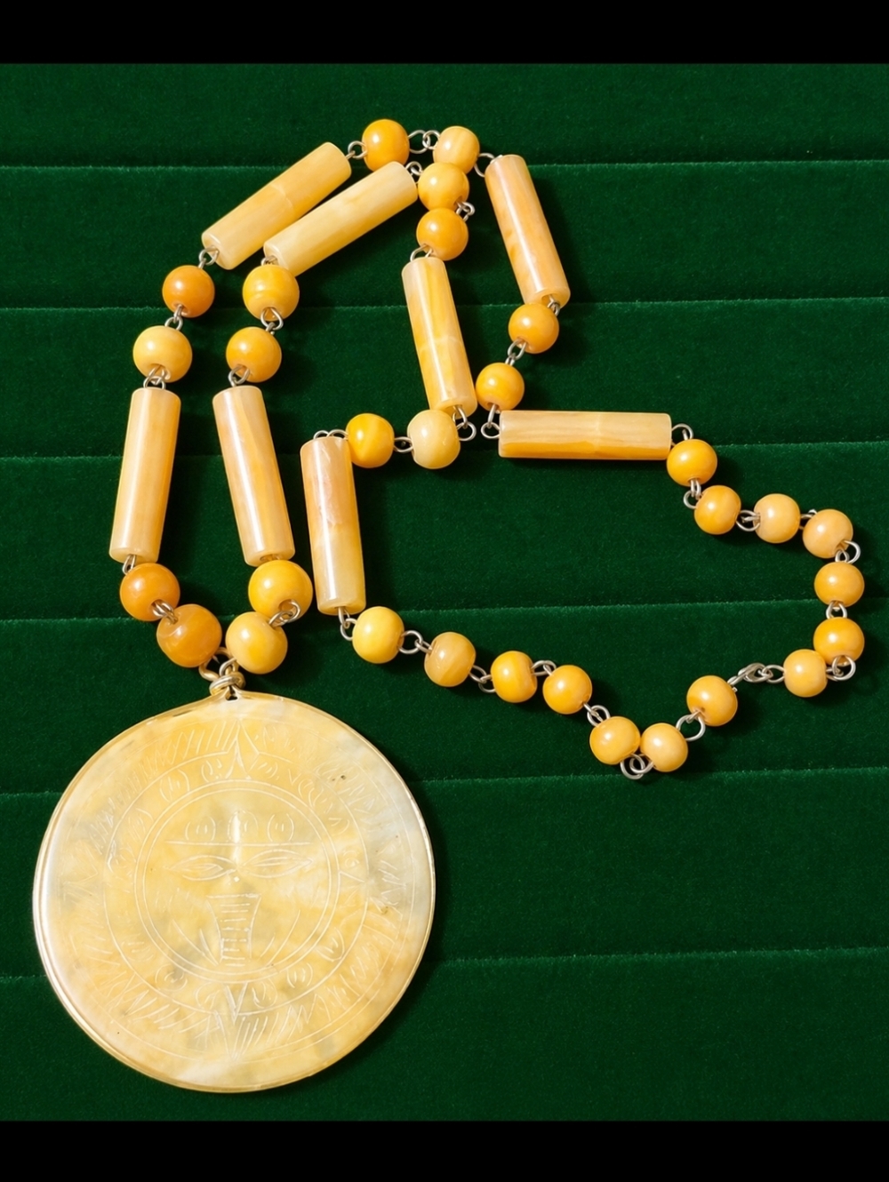 Vintage Aztec Sun Calendar Carved Marble Pendant Necklace Butterscotch Yellow